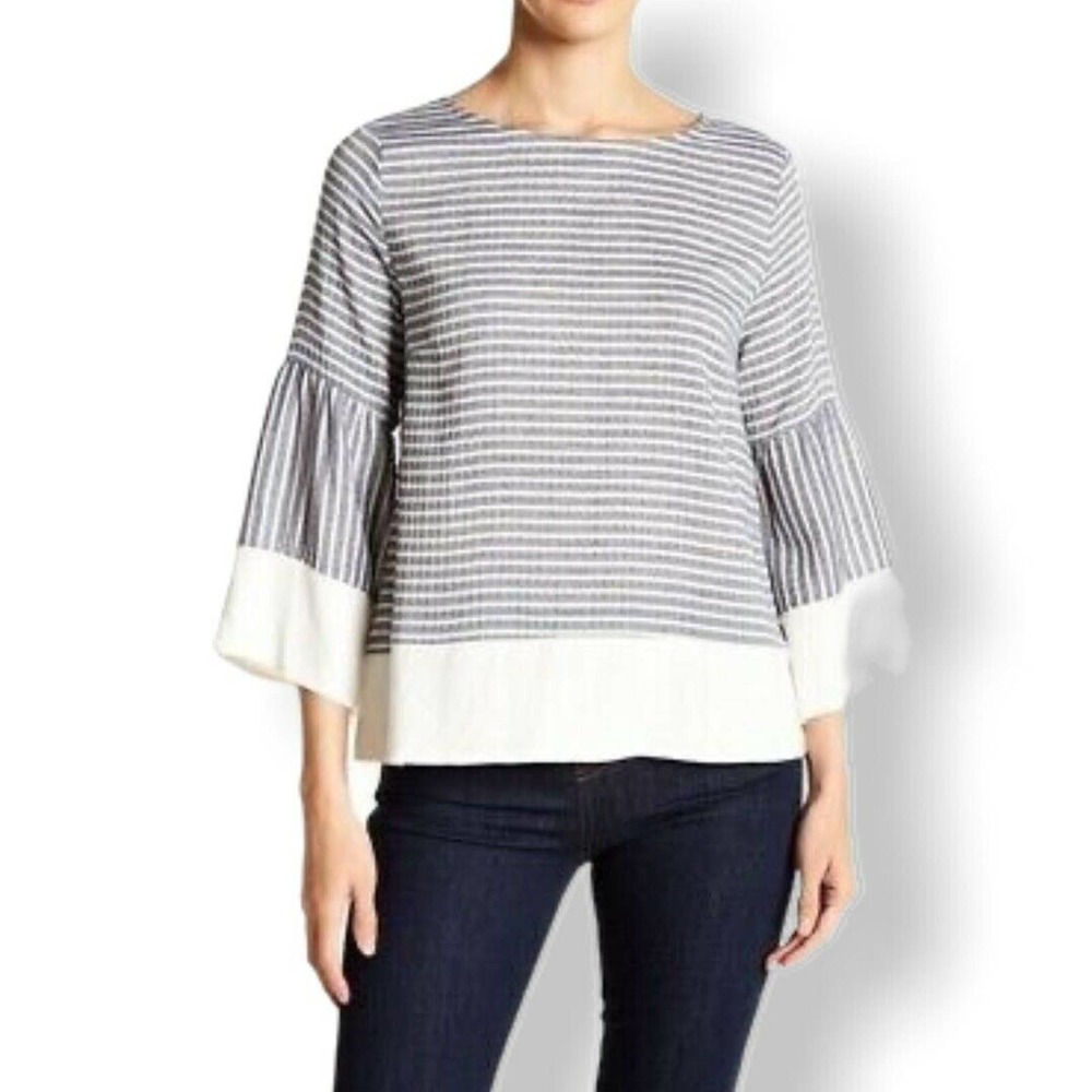 Doe & Rae Stripe Button Back Ruffle Sleeve Top S